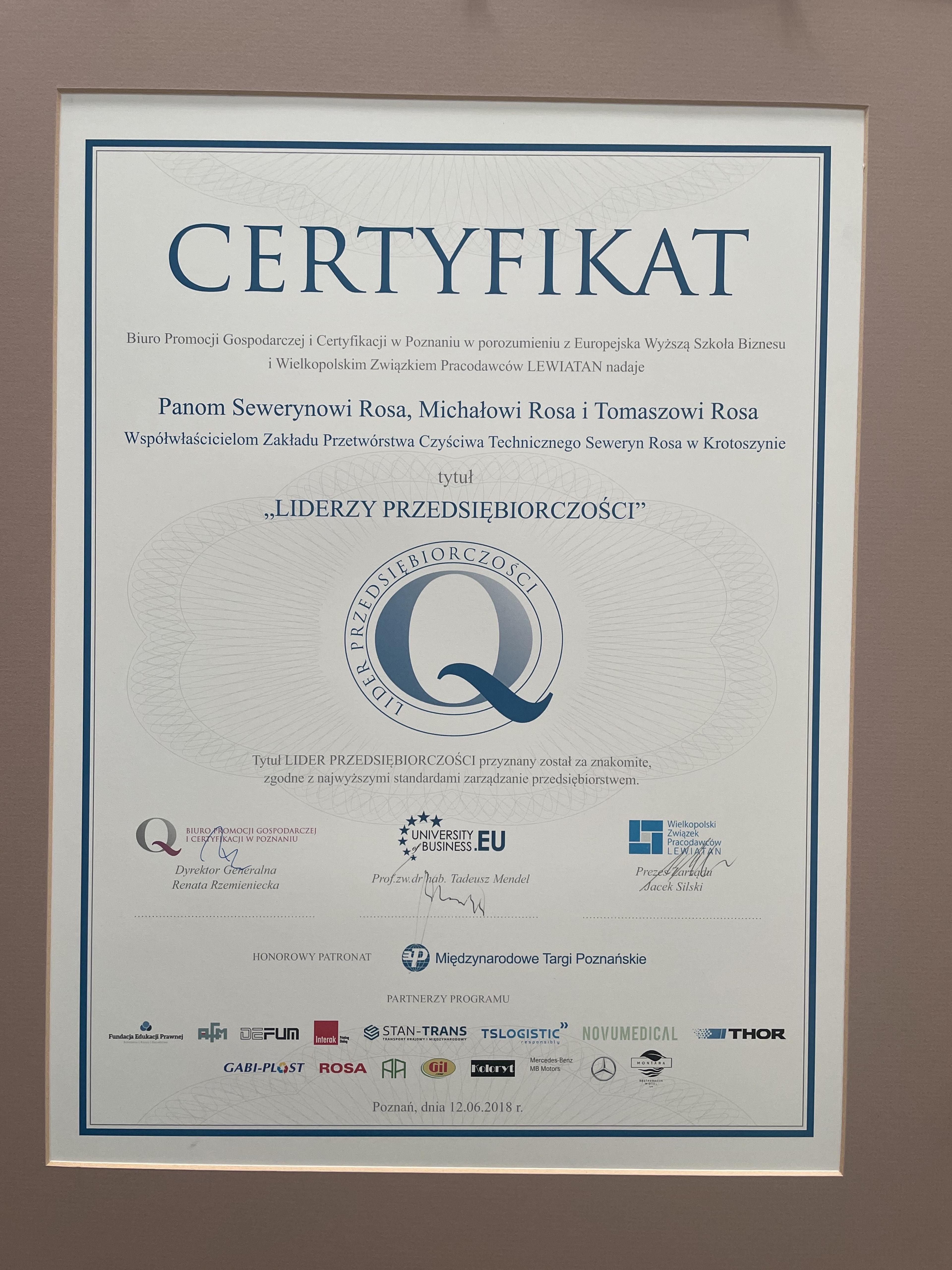 Certyfikat jakości Rosa Krotoszyn - Seweryn Rosa