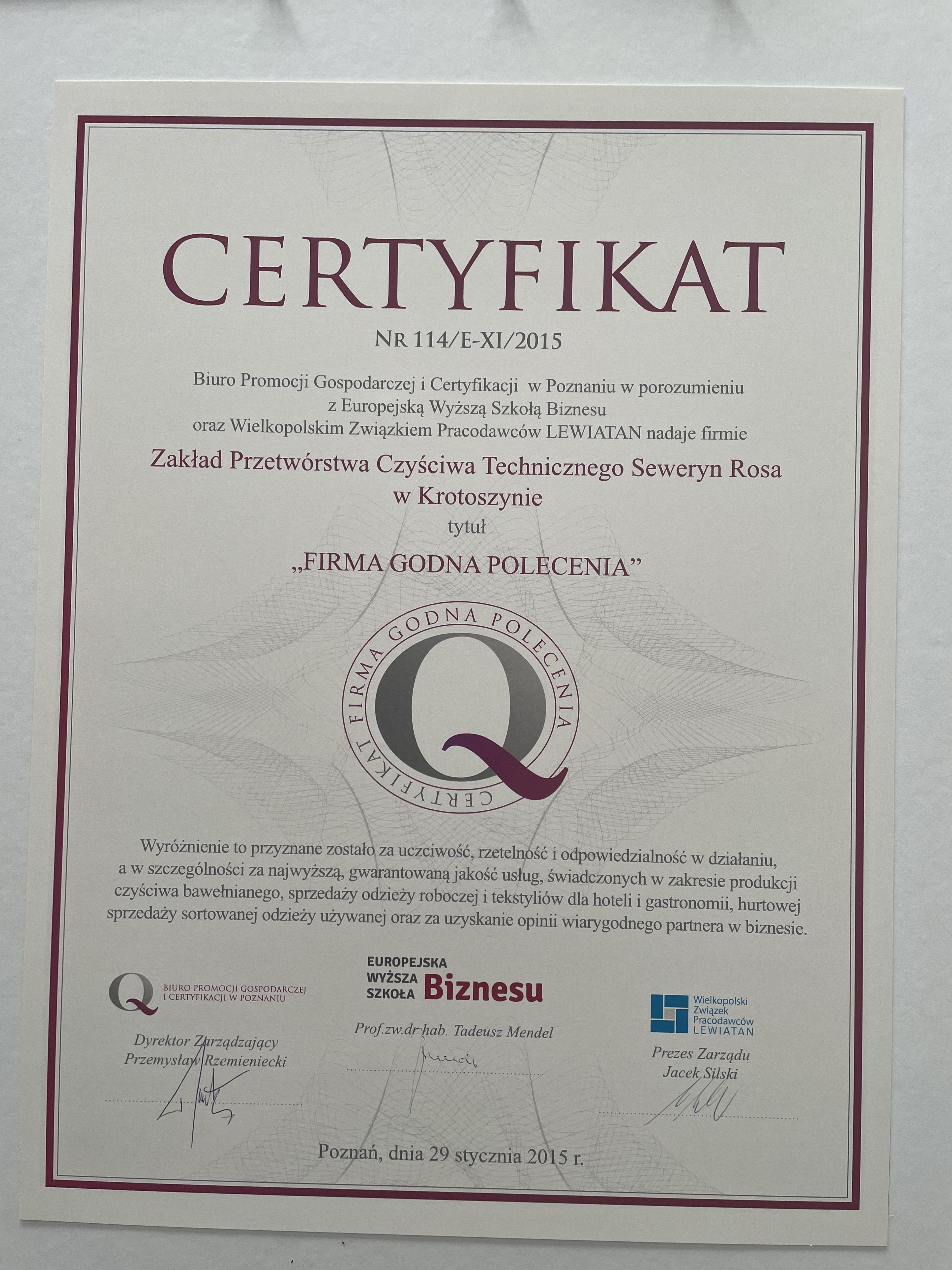 Certyfikat jakości Rosa Krotoszyn - Seweryn Rosa