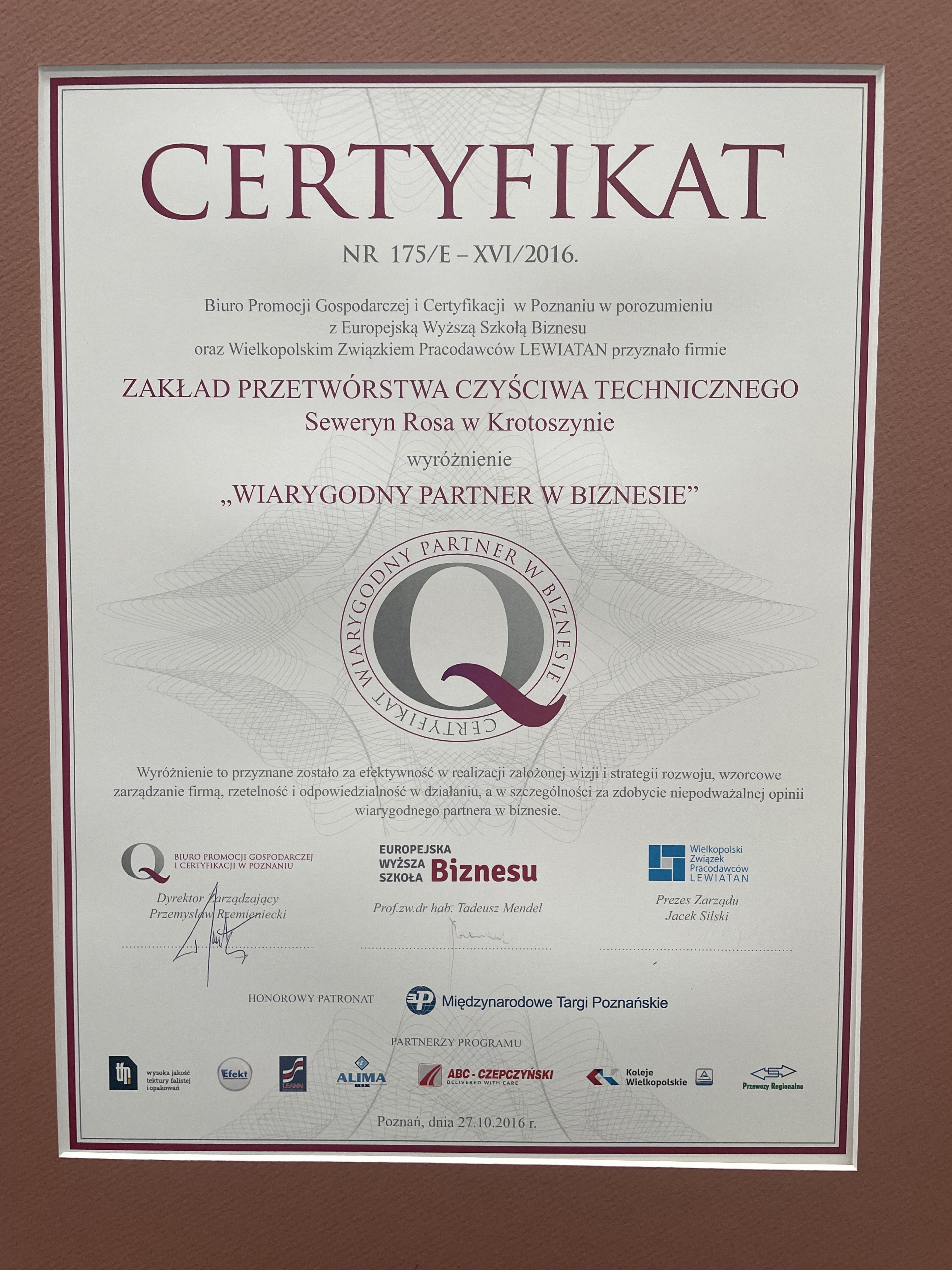 Certyfikat jakości Rosa Krotoszyn - Seweryn Rosa